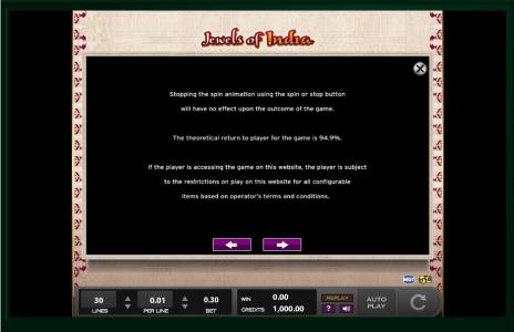 Jewels Of India Slot Machine - Game Rules Screen