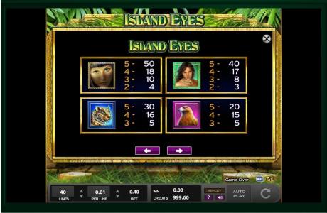 Island Eyes Slot Machine Paytable Screen