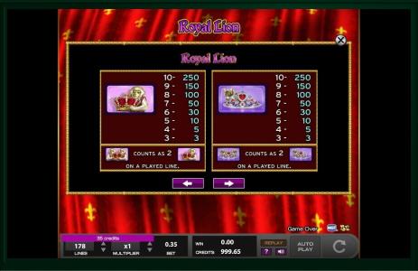 Royal Lion Slot Machine Paytable Screen