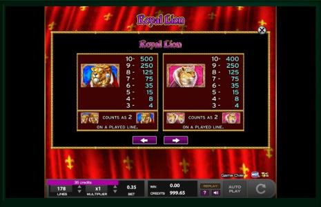 Royal Lion Slot Machine Paytable Screen