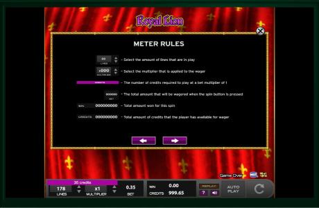 Royal Lion Slot Machine Game Rules Screen