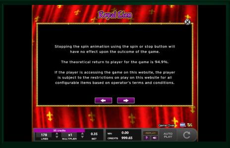 Royal Lion Slot Machine Game Rules Screen