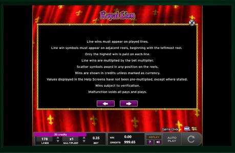 Royal Lion Slot Machine Game Rules Screen