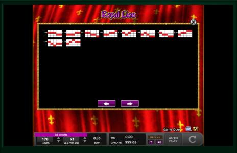 Royal Lion Slot Machine Paylines Screen