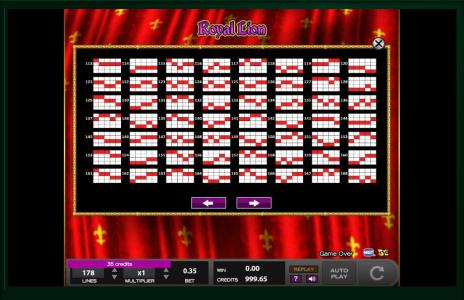 Royal Lion Slot Machine Paylines Screen