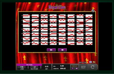 Royal Lion Slot Machine Paylines Screen