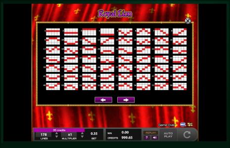 Royal Lion Slot Machine Paylines Screen