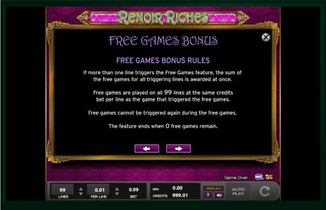 Renoir Riches Slot Machine Free Games Bonus Screen