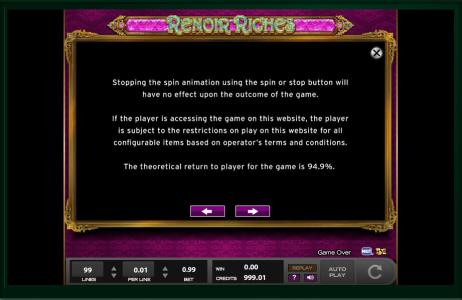 Renoir Riches Slot Machine Game Rules Screen