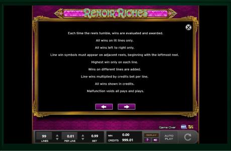 Renoir Riches Slot Machine Game Rules Screen