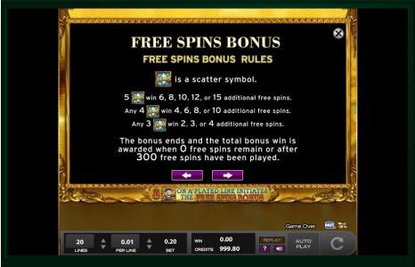 Rembrandt Riches Slot Machine Free Spins Bonus Screen