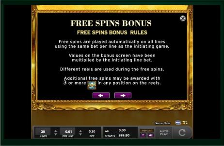 Rembrandt Riches Slot Machine Free Spins Bonus Screen