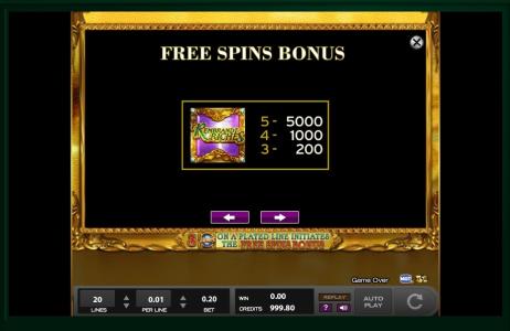 Rembrandt Riches Slot Machine Free Spins Bonus Screen