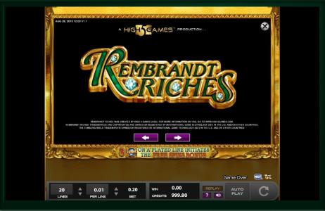 Rembrandt Riches Slot Machine Rembrandt Riches Title Screen