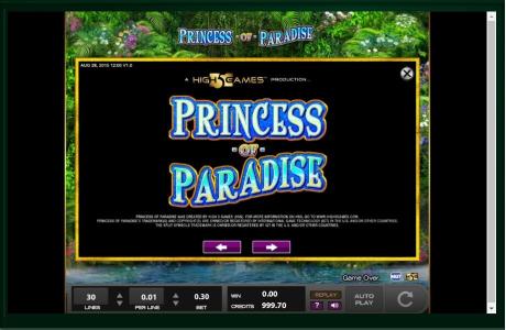 Princess of Paradise Slot Machine Introduction Screen