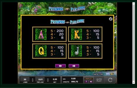 Princess of Paradise Slot Machine Paytable Screen