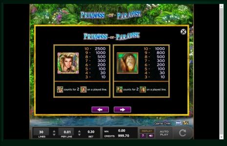 Princess of Paradise Slot Machine Paytable Screen