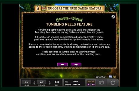 Secrets Of The ForestSlot Machine Tumbling Reels Feature Screen