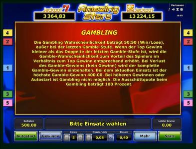 Amazing Stars Slot Machine Gambling Information Screen