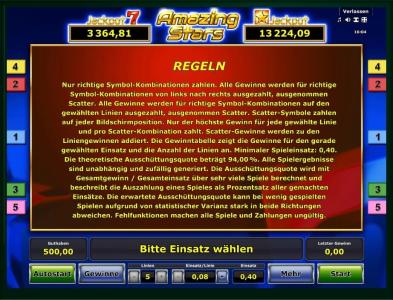 Amazing Stars Slot Machine Rules and Bonus Features Screen