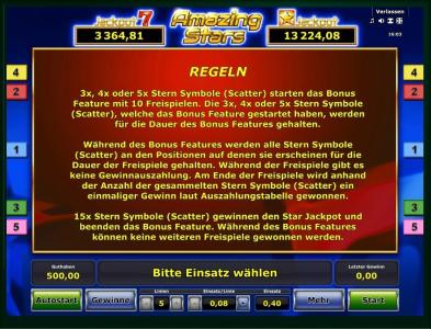 Amazing Stars Slot Machine Rules and Bonus Features Screen