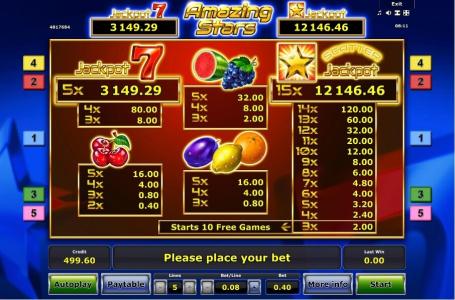 Amazing Stars Slot Machine Paytable Screen