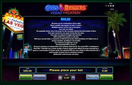 Cops N Robbers: Vegas Vacation Slot Machine Game Rules Screen