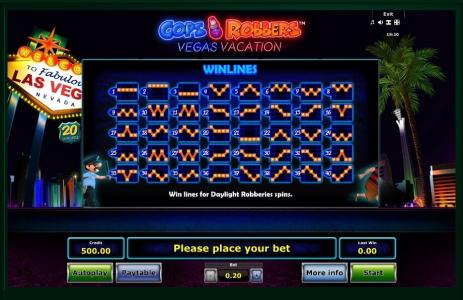 Cops N Robbers: Vegas Vacation Slot Machine Paylines Screen