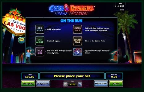 Cops N Robbers: Vegas Vacation Slot Machine On the Run Bonus Options Screen