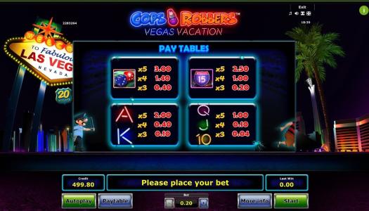 Cops N Robbers: Vegas Vacation Slot Machine Paytable Screen