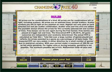 Changing Fate 40 Slot Machine Game Rules Screen