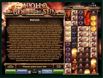 Apollo God of The Sun Slot Machine Game Rules Screen
