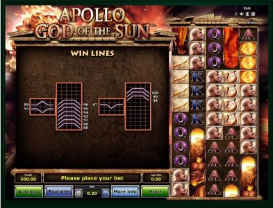 Apollo God of The Sun Slot Machine Paylines Screen