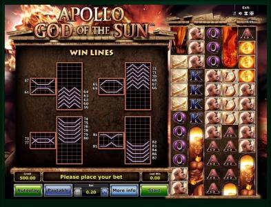 Apollo God of The Sun Slot Machine Paylines Screen