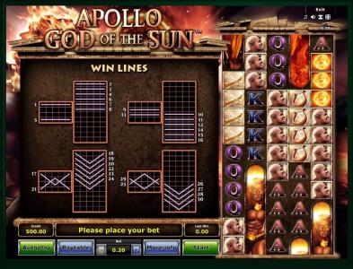 Apollo God of The Sun Slot Machine Paylines Screen
