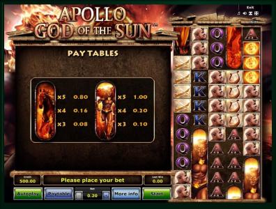 Apollo God of The Sun Slot Machine Paytable Screen