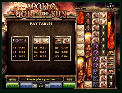 Apollo God of The Sun Slot Machine Paytable Screen