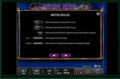 Witches Riches Slot Machine Game Rules Screen