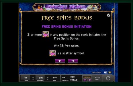 Witches Riches Slot Machine Free Spins Bonus Screen