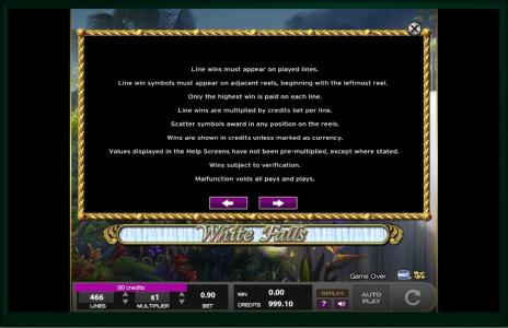 White Falls Slot Machine Game Rules Screen