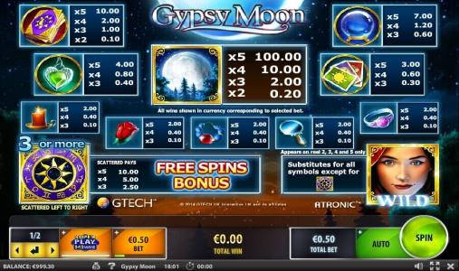 Gypsy Moon Slot Machine Paytable Screen