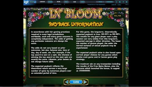In Bloom Slot Machine In Bloom Payback Information Screen