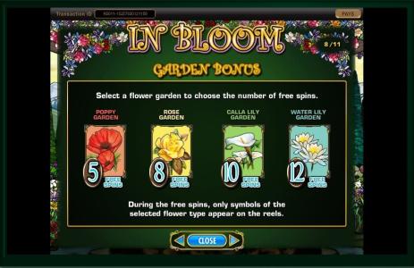 In Bloom Slot Machine Bonus Game Screen