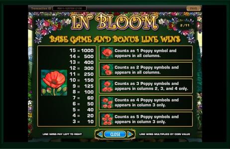 In Bloom Slot Machine Bonus Line Screen