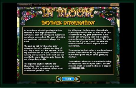 In Bloom Slot Machine Payback Information Screen