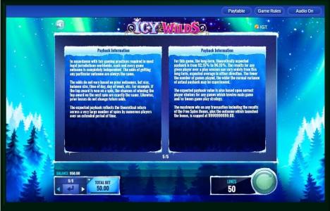 Icy Wilds Slot Machine Payback Information Screen
