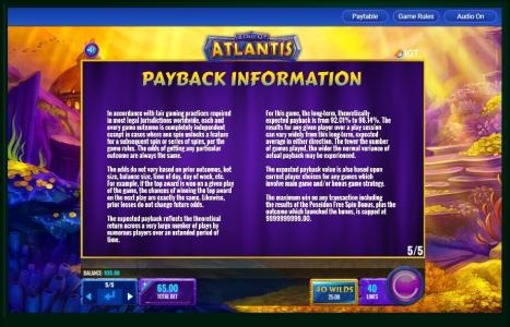King of Atlantis Slot Machine Payback Information Screen