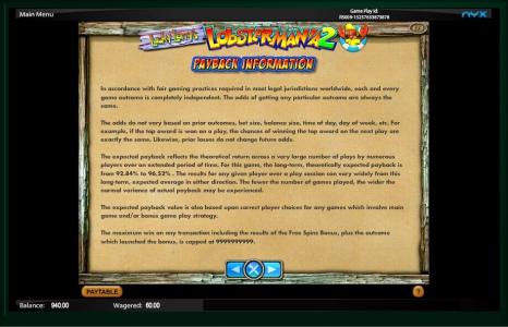 Lucky Larrys Lobstermania 2 Slot Machine Payback Information Screen