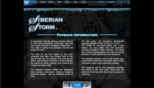 MegaJackpots Siberian Storm Slot Machine Payback Information Screen
