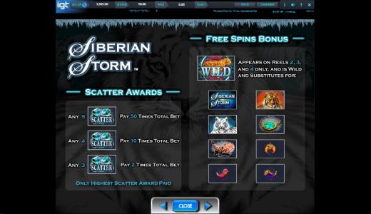 MegaJackpots Siberian Storm Slot Machine Scatter Awards and Wild Symbol Screen